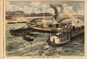 Colisión en el Sena entre un barco de vapor inglés y una barcaza ómnibus de París, a la altura del puente real. Grabado en 