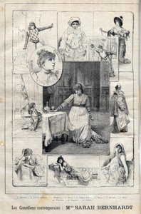 Comediante Sarah Bernhardt (1844-1923) en Macbeth - Pierrot asesino - Theodora - Tosca - Juana de Arco - Tosca - Hernam - Dama de las Camelias - Cleopatra - Fedra - grabado en "Le Progres illustré" de 1895 de Unknown artist
