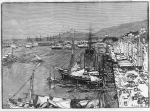 Buque comercial y arsenal en el puerto de Toulon (Var), Francia. Grabado en “Le Monde Illustré”. de Unknown artist