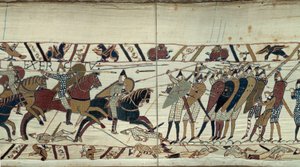 Conquista de Inglaterra por Guillermo el Conquistador (1027-1087) en 1066, escena de combate entre la caballería normanda cargando contra la infantería sajona del rey Harold II de Inglaterra (detalle) Tapiz de Bayeux o Bordado de la Reina Matilde de Unknown artist