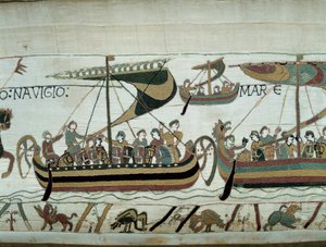 Conquista de Inglaterra por Guillermo el Conquistador (1027-1087) en 1066: las flotas normandas se dirigen a Inglaterra (detalle) Tapiz de Bayeux o Bordado de la Reina Matilde de Unknown artist