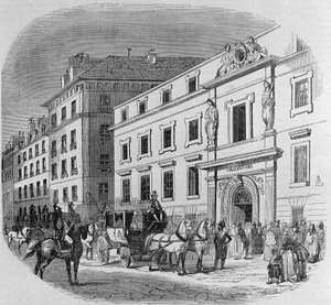 Conservatorio de música de la rue du Faubourg Poissonniere en París: entrada al concierto. Grabado de 1860 de Unknown artist