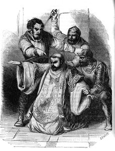 Conspiración contra Carlomagno, 792: un señor sorprende la conversación entre conspiradores que planean el asesinato del Rey de los Francos. Entre ellos, Pepin el Jorobado (769-811), hijo de Carlomagno. Grabado del siglo XIX de Unknown artist