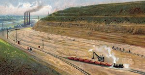 Construcción del Canal de Albert en los años 30, que conecta el puerto de Lieja con el puerto de Amberes, Bélgica (Excavación del Canal de Albert en los años 30 (treinta) entre Amberes y Lieja, Bélgica) Cromolitografía de Unknown Artist