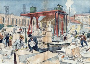 Construcción del Grand Palais, en París en 1898, con motivo de la Exposición Universal de 1900. En el centro, la rueda de diamante para cortar piedras. Ilustración en “Le Pelerin” del 3 de julio. de Unknown artist