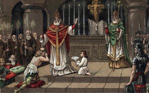 Conversión de Widukind o Witikind ante Carlomagno en 785. Cromolitografía de finales del siglo XIX. de Unknown artist