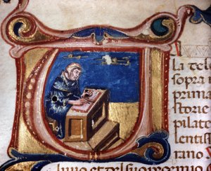 Monje copista. Manuscrito del siglo XIII. Biblioteca Trivulziana, Milán