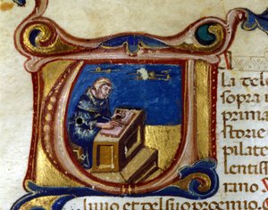 Monje copista en su scriptorium, iluminura