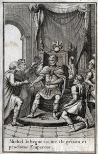 Coronación de Miguel II el Amoriano (el Tartamudo) (770-829) como emperador bizantino después de su liberación de prisión en 820. Es el fundador de la dinastía Amoriana. Grabado en “Beaute de l