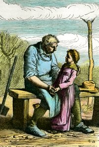 Cosette y Jean Valjean. Ilustración para la novela "Los miserables" de Victor Hugo (1802-1885) Grabado de 1865 de Unknown artist