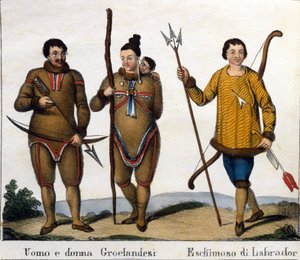 Traje. Izquierda: Pareja de esquimales de Groenlandia con su hijo. Derecha: Esquimal de Labrador. Litografía de principios del siglo XIX de Unknown artist