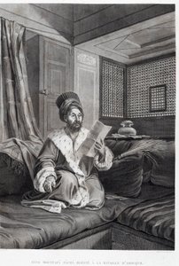 Trajes y Retratos: Seyd Moustafa Pasha herido en la Batalla de Abouqyr (Aboukir) en “Descripción de Egipto”, Ediciones Imperiales de Unknown artist