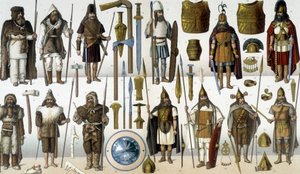 Trajes, armaduras y armas de guerreros bárbaros