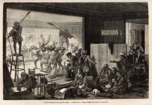 Sirvientes limpiando una gran casa, para los preparativos de Año Nuevo, esta limpieza termina con manifestaciones alegres y grotescas: la eliminación de quien no ha realizado bien su tarea. Grabado para ilustrar el viaje a Japón, por Aimé Humbert, ministro