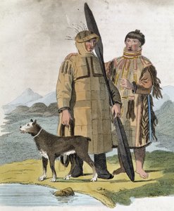 Pareja de una provincia rusa y su perro - grabado