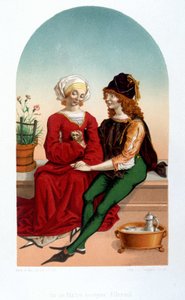 Escena de amor cortés en la Edad Media. Colegio - imitación del siglo XIX de Unknown artist