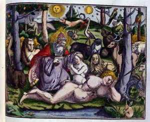 Creación: Dios representado rodeado de seres humanos y animales (perro, grulla, león, ciervo, castor, mono, unicornio, jabalí, loros, conejo...), según Historiae animalium de Konrad Gesner, Tiguri de Unknown artist