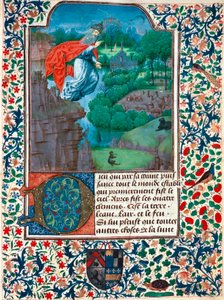 Creación, el séptimo día: el Creador sobrevuela su obra. Paisaje con animales. Miniatura del Libro de Horas de la Condesa de Bretiandos de Unknown artist
