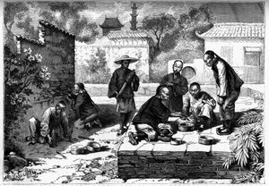 Pelea de grillos en Pekín, China. Grabado en "El diario de la juventud" de Unknown artist