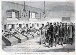 Crimen de Pantin en octubre de 1869. Confrontación en la morgue. Grabado de 1869 de Unknown artist