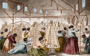 Fábricas de crinolinas: colocando aros. Grabado de 1865. de Unknown artist