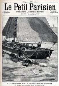 Cruzando el canal en velocípedo: un barco pesquero recoge a Georges Pinkert en el mar, quien había apostado cruzar el canal con el velocípedo acuático que había inventado. Grabado en 
