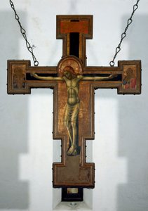Crucifixión. Pintura anónima en madera en el reverso de una cruz. Siglo XV Varazze, Cappella del Castello Invrea Italia de Unknown artist