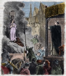 Cruzada contra los Albigenses - Herejes quemados vivos: Cátaros en la hoguera, en el tiempo de la cruzada contra los Albigenses en Francia siglo XIII - Grabado de 1879 en 