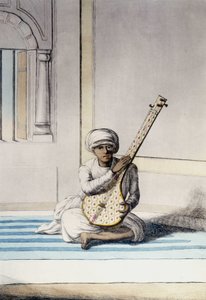 Cultura, civilización y sociedad india: Músico tocando Thambourah (Tamboura), instrumento tradicional de la India. Grabado de 1808