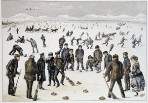 Curling en un lago congelado cerca de Halifax, Nueva Escocia - en “Bocetos de deportes y pasatiempos canadienses” de Teniente Henry Buckton Laurence de Unknown artist