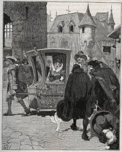 Cuchillería: barqueros rodean la silla de Marie de Rabutin-Chantal, Marquesa de Sévigné, para venderle cuchillos cuando llegó a Nogent (Haute Marne) en 1675. Grabado de 1885 en "Les arts et metiers illustres" por Adolphe BITARD de Unknown artist