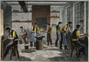 Taller de cuchillería en Francia en el siglo XIX. Grabado de 1885 en “Les arts et metiers illustres” por Adolphe BITARD. de Unknown artist