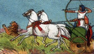 La vida cotidiana en el antiguo Egipto: un faraón persiguiendo al león, mendigo del siglo XX (cromo) de Unknown Artist
