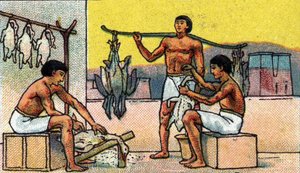 Vida cotidiana en el antiguo Egipto: cría y preparación de ocas en salazón, principios del siglo XX (cromo)