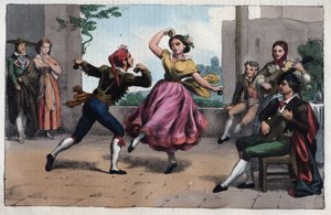 Danza del Bolero y trajes de Granada - grabado de “Usi e Costumi di Tutti i Popoli dell