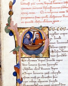 Dante Alighieri: Divina Commedia (Divina Comedia) incipit del Purgatorio. Dante y Virgilio. Manuscrito del siglo XIV. Milán, Biblioteca Trivulziana de Unknown artist