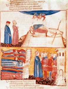 Dante y Virgilio encuentran las almas de los muertos violentamente. Página iluminada que ilustra un canto del Antipurgatorio de la 
