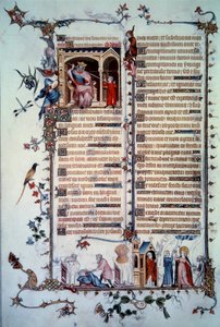 David amenazado por Saúl. Alegoría de la avaricia. Sacramento de la Comunión. Alegoría de la caridad. Miniatura tomada del Salmo 