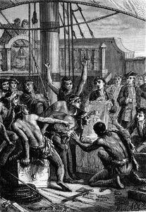 Descubrimiento de las Indias: viaje de Wallis en el Pacífico; Indios descubriendo un espejo - en 
