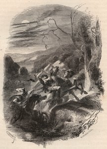 Muerte de Indutiomarus, jefe de los Treviros, asesinado por el ejército romano en 53 a.C. Grabado de 1868 en “Histoire de Belgique desde los tiempos primitivos hasta el final del reinado de Leopoldo I” por Theodore Juste (1818-1888). Colección privada.