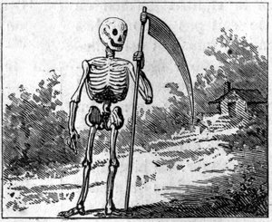 La muerte representada con una guadaña. Grabado de 1860 de Unknown artist