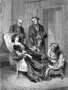 Fallecimiento de la niña Hannah Greener a la edad de quince años tras una de las primeras anestesias con cloroformo el 28/01/1848. Grabado de 1869.