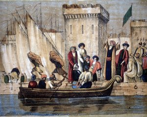 Partida de los moros de Argel, tras la colonización francesa, un anciano o enfermo es cargado en un barco. Siglo XIX de Unknown artist