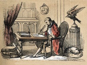 Descripción de diferentes productos y usos del papel: retrato de Georges Louis Leclerc, Conde de Buffon, naturalista y escritor (1707-1788) escribiendo su Historia Natural. Placa 
