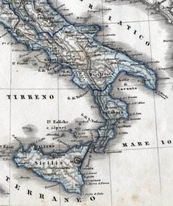 Detalle de un mapa geográfico que representa el sur de Italia (regiones de Campania, Calabria, Sicilia, Puglia, Molise y Abruzzo). Siglo XIX de Unknown artist