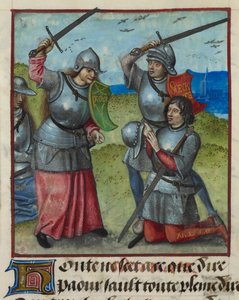 Detalle de una miniatura de Peur luchando mientras Honte observa, de "Le Roman de la Rose". de Unknown artist