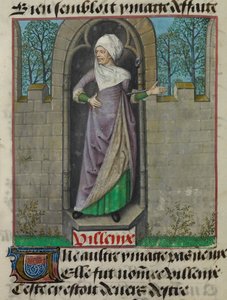 Detalle de una miniatura de la figura alegórica de Vilenie (Villanía), en la segunda columna del folio, de "Le Roman de la Rose".