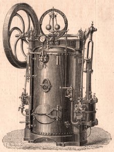 Vista técnica detallada de una pequeña máquina de vapor producida en París en 1866: caldera, cilindro, pistón, biela y volante de Unknown