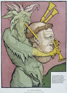 Diablo tocando la gaita con la cabeza de un monje - grabado de Unknown artist
