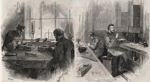 Corte de diamantes en un taller en los Países Bajos: cortadores y pulidores - Grabado en “Le Monde Illustré” de Unknown artist
